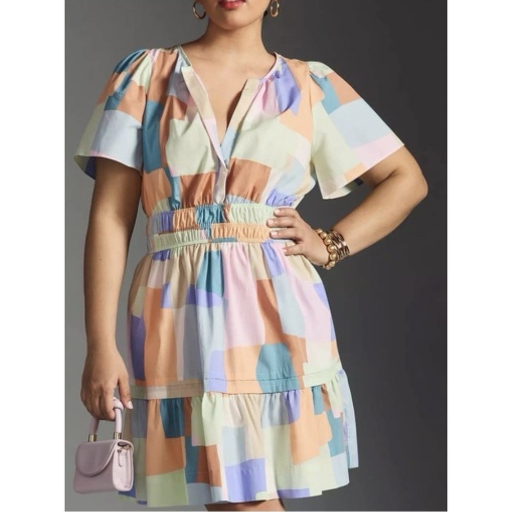 Anthropologie The Somerset Mini Tiered Dress Large Pastel Patchwork
